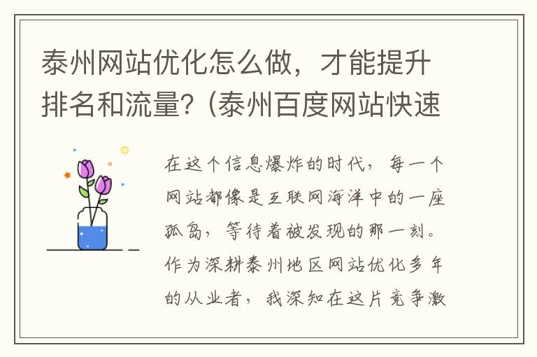 泰州网站优化怎么做，才能提升排名和流量？(泰州百度网站快速优化)