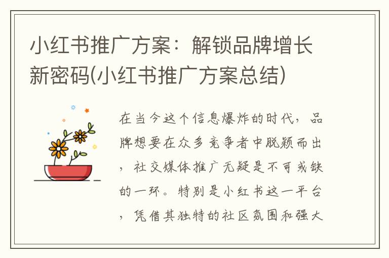 小红书推广方案：解锁品牌增长新密码(小红书推广方案总结)