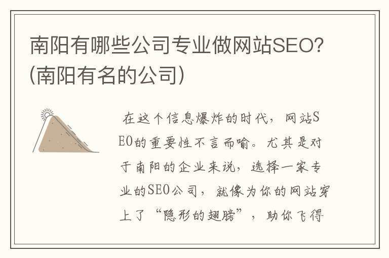 南阳有哪些公司专业做网站SEO？(南阳有名的公司)
