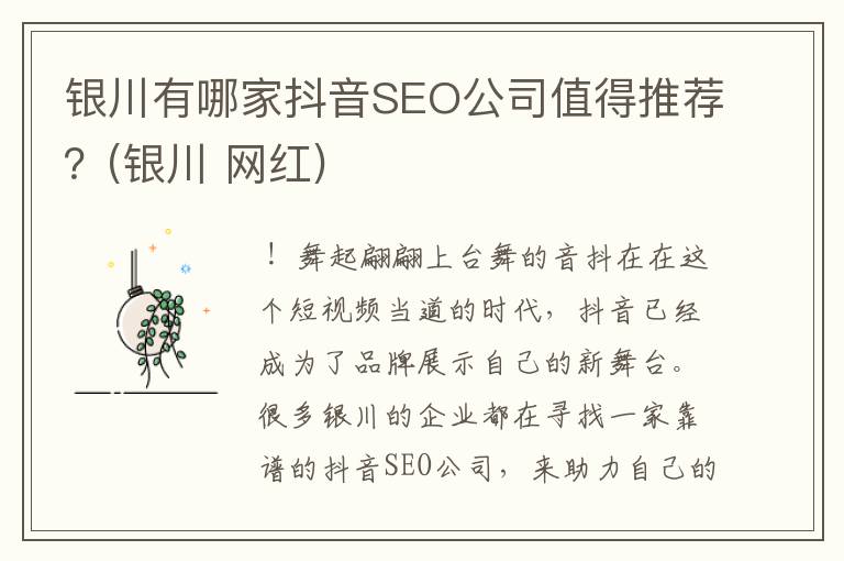 银川有哪家抖音SEO公司值得推荐？(银川 网红)