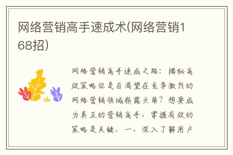 网络营销高手速成术(网络营销168招)