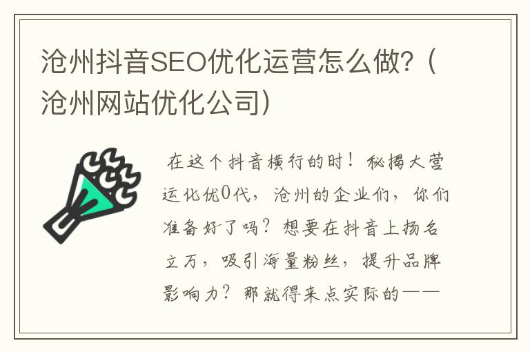 沧州抖音SEO优化运营怎么做？(沧州网站优化公司)