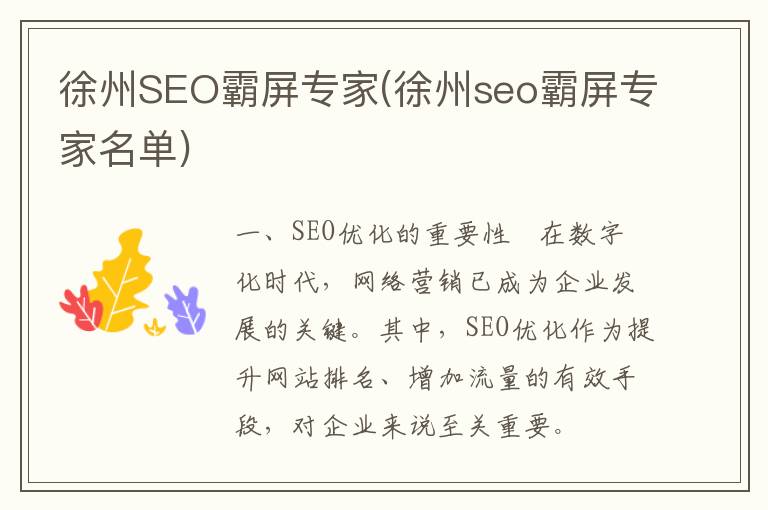 徐州SEO霸屏专家(徐州seo霸屏专家名单)