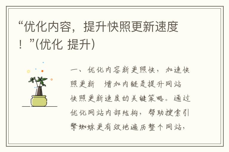 “优化内容，提升快照更新速度！”(优化 提升)