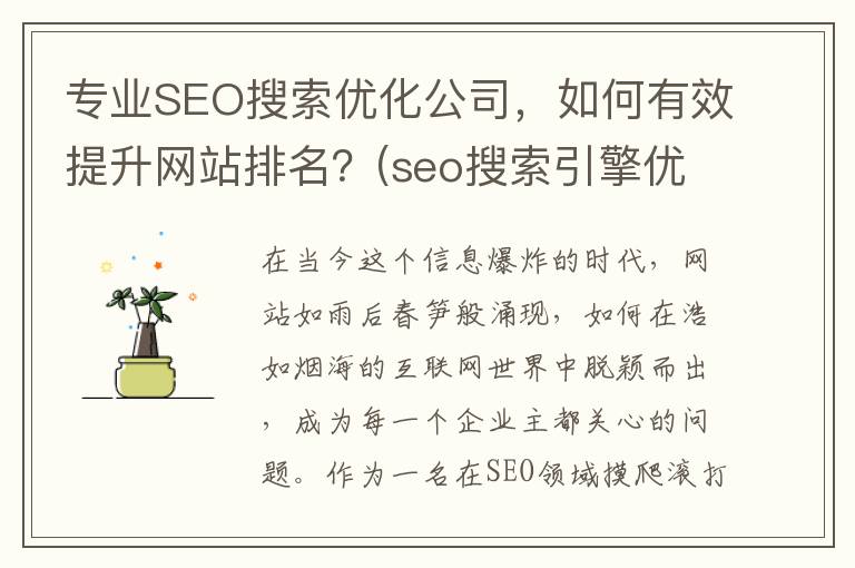 专业SEO搜索优化公司，如何有效提升网站排名？(seo搜索引擎优化平台)