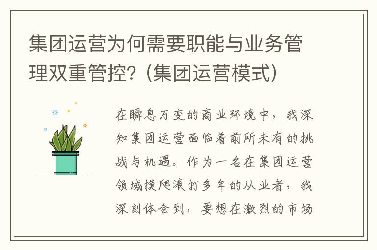 集团运营为何需要职能与业务管理双重管控？(集团运营模式)