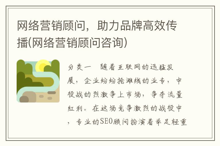 网络营销顾问，助力品牌高效传播(网络营销顾问咨询)